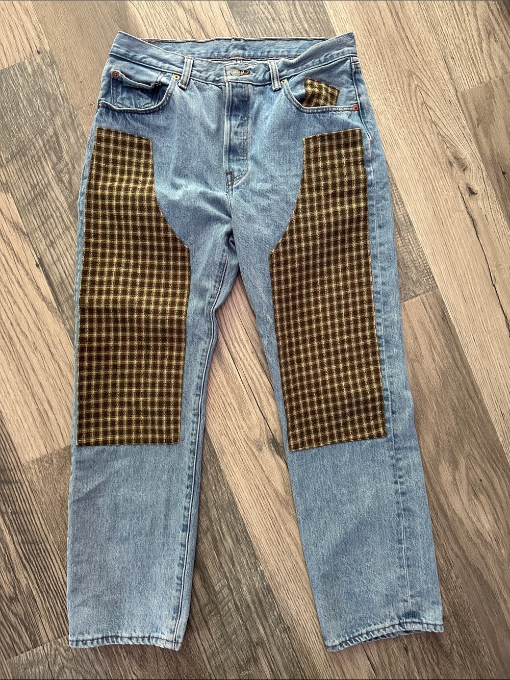 Levi’s Emma Chaimberland collab Denim Jeans Brown Plaid Patch Panels size 30